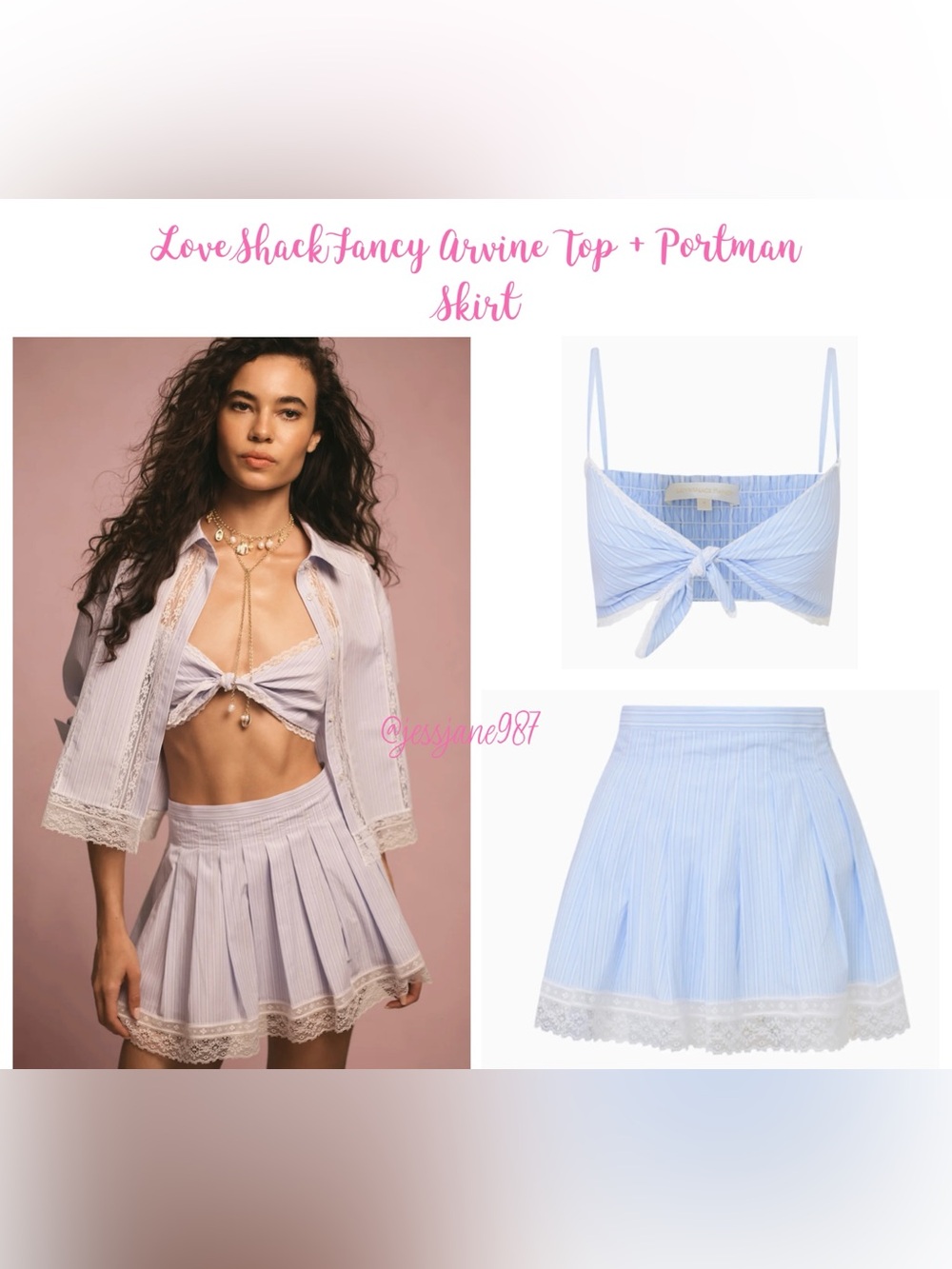 LoveShackFancy Bra Top and Skirt Set Arvine Portman Blue Striped Cotton